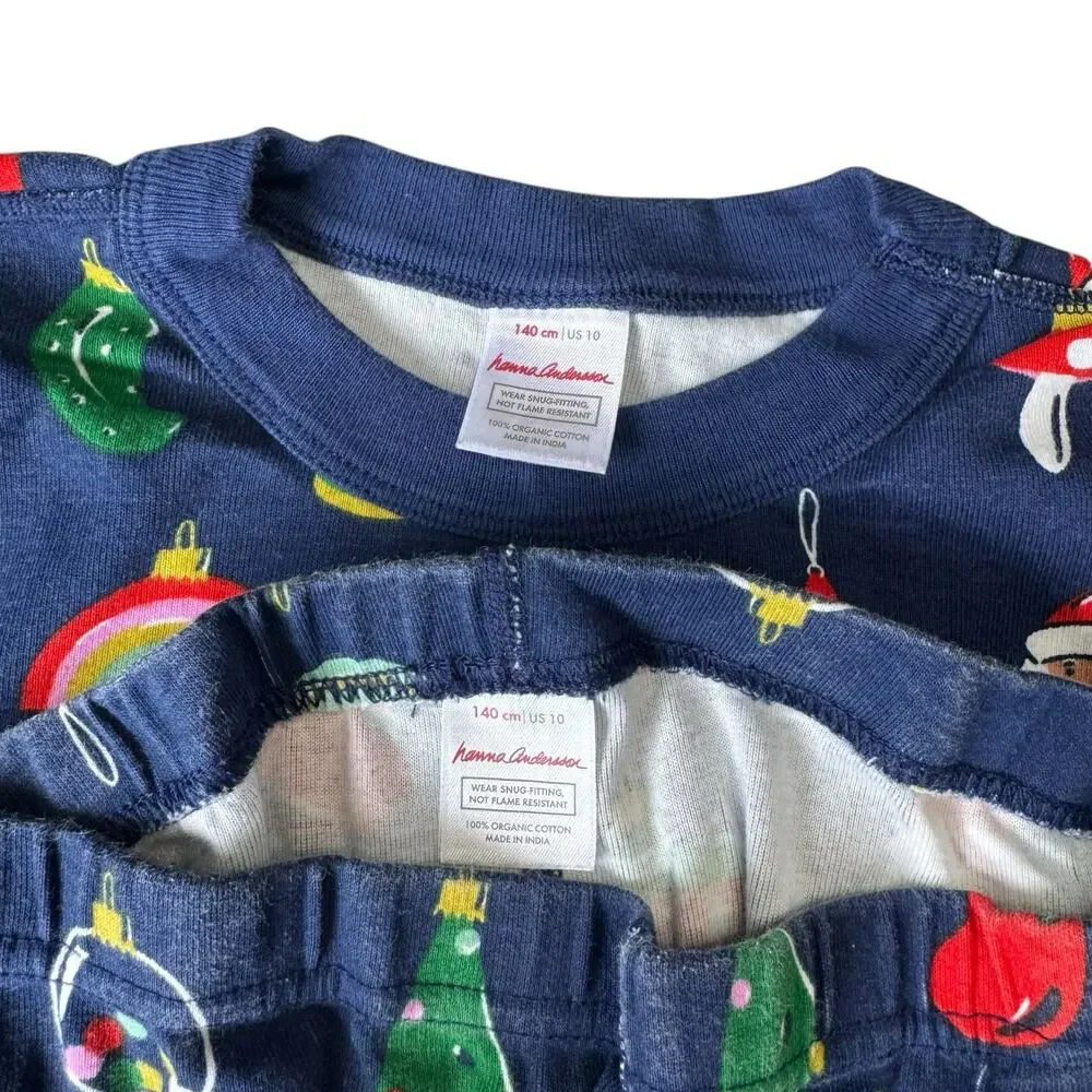 HANNA ANDERSSON Christmas Ornaments Long John Pajama Set Sz 10 140 Blue Santa